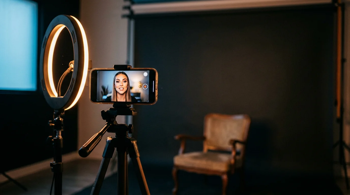 Celular no tripé transmitindo uma influencer gerada por IA num estúdio vazio