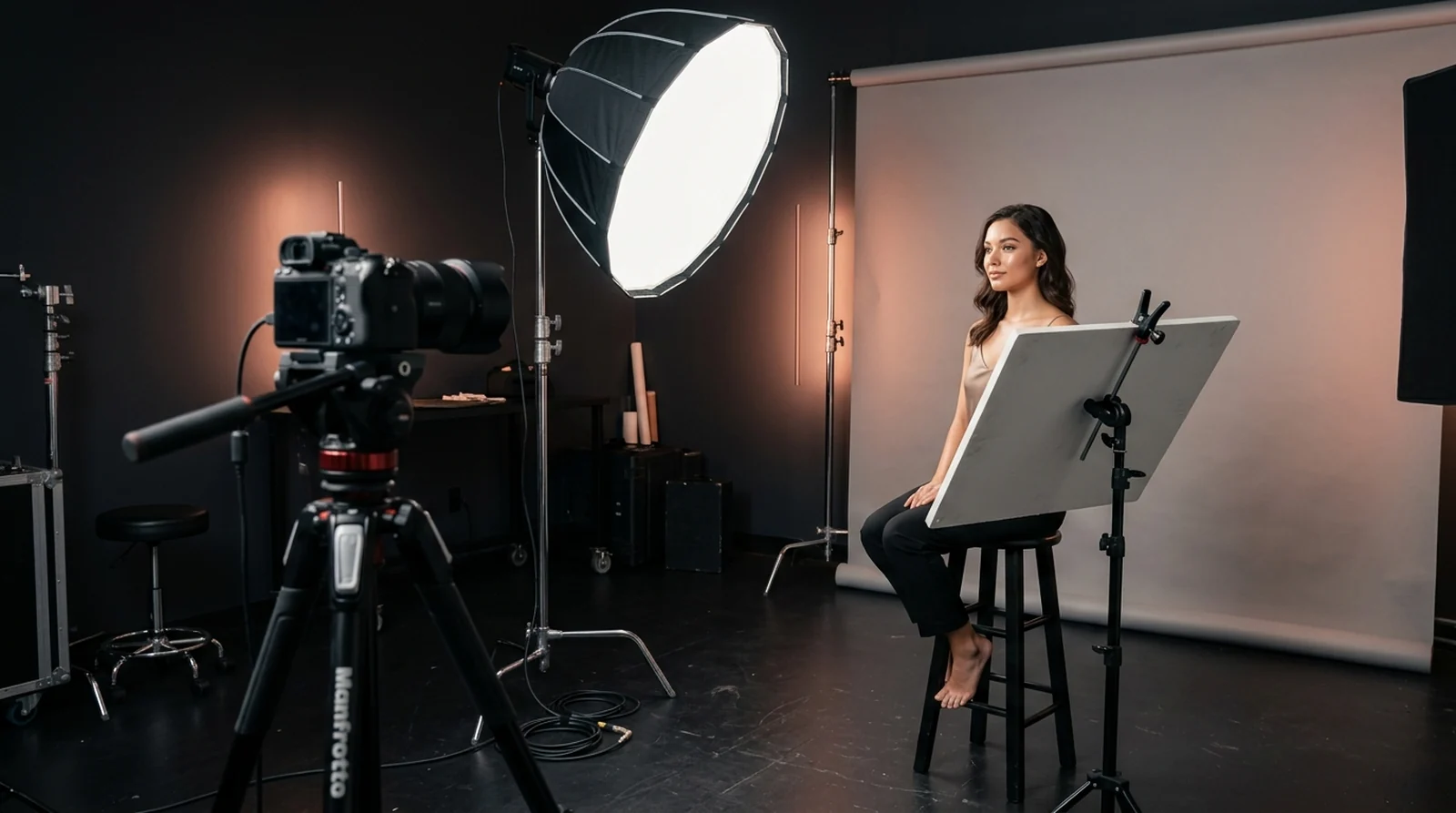 Setup profissional de iluminação com softbox e rebatedor